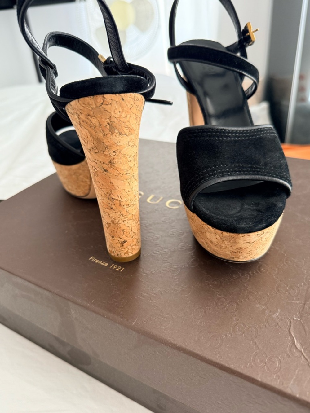 Gucci Black Suede Cork Platform Sandals